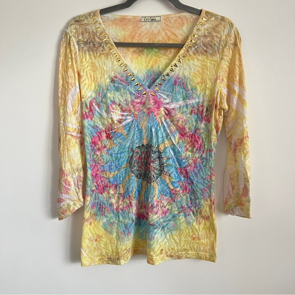 Y2K Boho Fairy Top with Psychedelic Sun Print & Gold Studded Neckline Size M